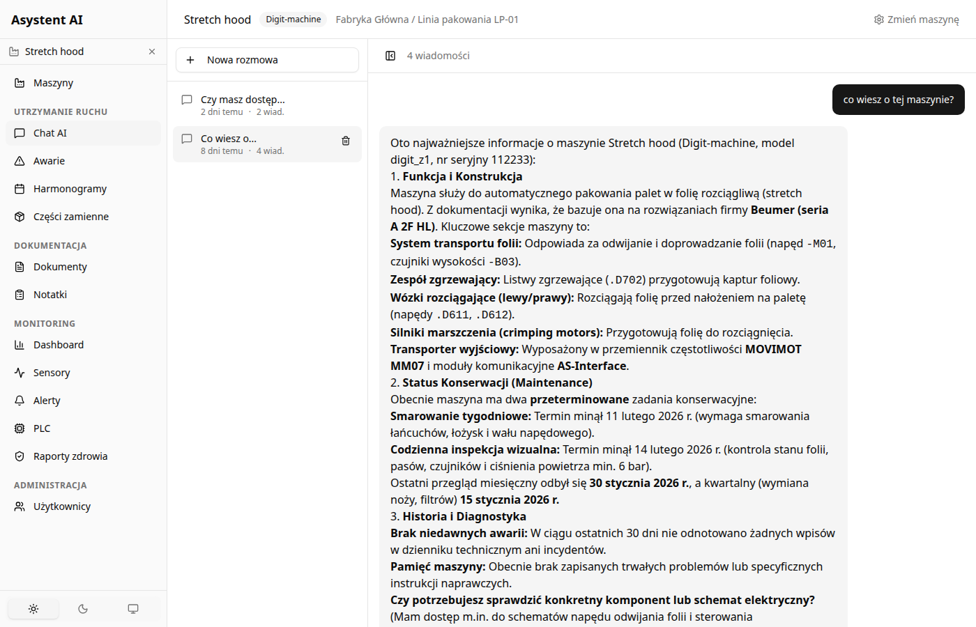 DigitFactory ONE — AI Assistant rozmowa z kontekstem maszyny